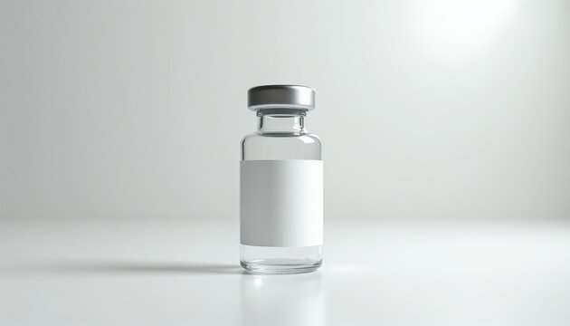 Clear glass medical vial with blank label and silver cap sits on white surface. Empty container for medicine liquid or drug. Sterile pharmaceutical ampoule in studio.