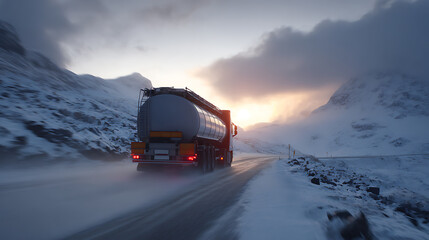 Obraz premium Road tanker transport through a dangerous frozen mountain pass at sunrise or sunset. Heavy vehicle on a snowy road with beautiful light