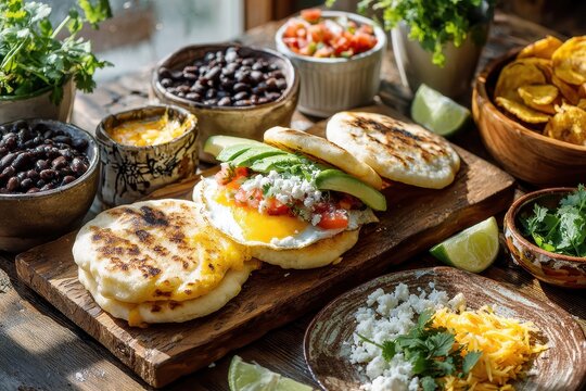 Fresh arepas breakfast platter with melted cheese, eggs, avocado and tomato salsa on a rustic wooden table