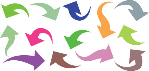 Fototapeta premium Set of twelve colorful curved arrows pointing in various directions on white background