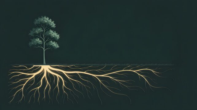 Deep-rooted Foundation: A symbolic depiction of a tree with expansive roots, illustrating growth, stability, and the interconnectedness of life.