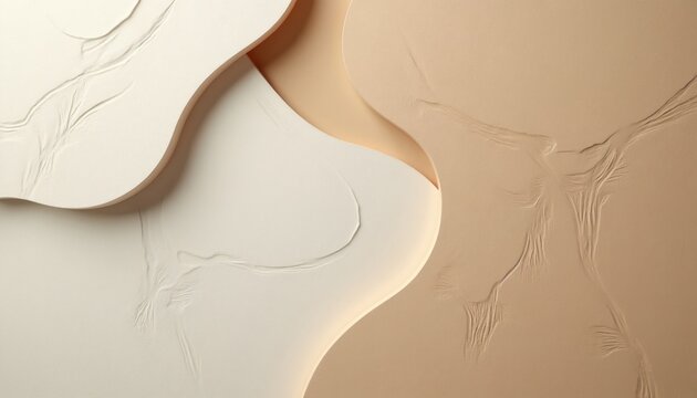 Abstract beige and cream textured surface with wavy organic lines and curves. Gentle light and shadow play across the undulating forms creating a serene visual. Perfect minimalist backdrop.