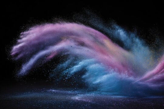Holi-inspired color dust splash with soft pastel tones against dark backdrop