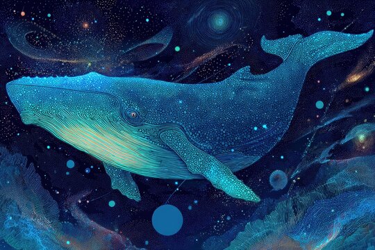 Celestial journey of a blue whale among stars in magical pointillist artwork