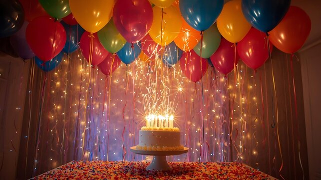A joyful birthday setup featuring a centerpiece cake topped with sparkling candles, encircled by an explosion of multicolored helium balloons rising toward the ceiling, illuminated by warm party light