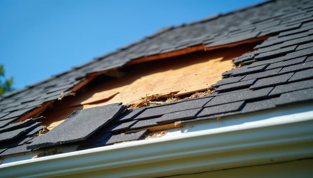 Damaged asphalt roof with missing shingles exposing plywood underneath. Clear blue sky backdrop suggests recent storm. Visible gutter section implies home exterior.