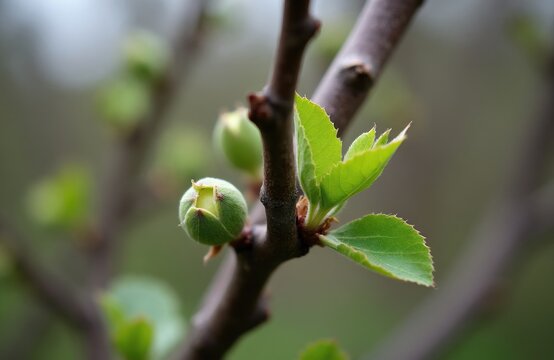Apple tree branch shows new bud opening with green leaves unfurling. Tiny fruitlets form on twig. Nature awakens in spring season with plant growth and detail.