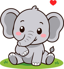Naklejka premium Cute kawaii baby elephant sitting on grass with a small red heart, sweet cartoon animal illustration isolated on white background for stickers, nursery decor, cards, and kids designs.
