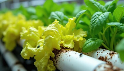Naklejka premium Sick yellow lettuce wilting in hydroponic system. Healthy green plants nearby. Small flies on leaves suggest pest issue. Indoor farm problem.