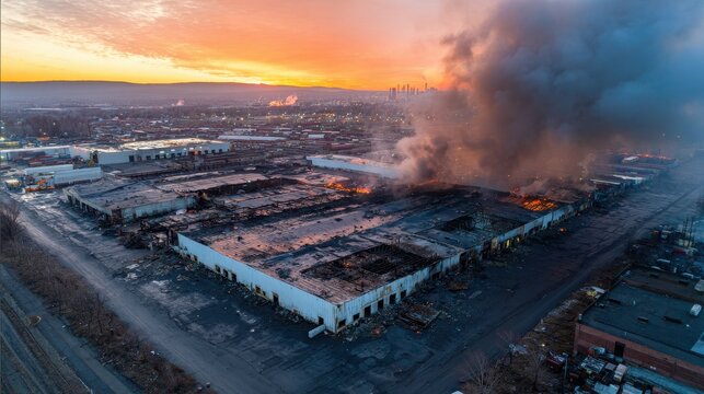 Desolate aftermath of a large warehouse fire seen from above in a busy logistics zone