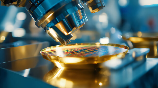 Advanced Semiconductor Manufacturing: Robotic Arm Carefully Place Microchip on Wafer for Production and Development