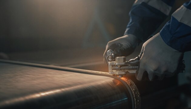 Industrial worker with angle grinder positioned near metal pipe surface in fabrication setting illustrating metal cutting process readiness representing heavy industry manufacturing workflow