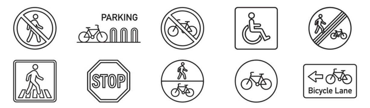 icon; vector; outline; set; collection; isolated; symbol; sign; flat; design; traffic; road; sign; symbol; warning; prohibition; pedestrian; bicycle; parking; stop; direction; safety; transport; stree
