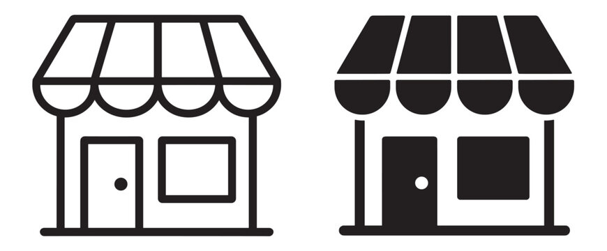 shop storefront icon set, retail store building with awning and entrance, outline and filled vector collection isolated on transparent background