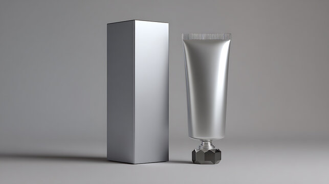 Minimalist Silver Tube and Box for Cosmetic or Product Packaging on Neutral Grey Background, Template for Design or Branding