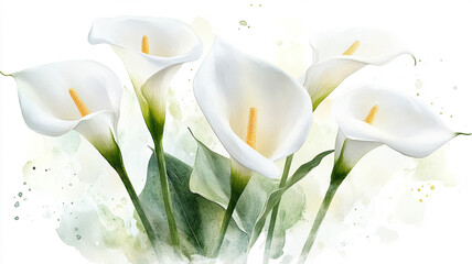 Elegant watercolor composition with white calla lilies and green leaves on light background Generative AI