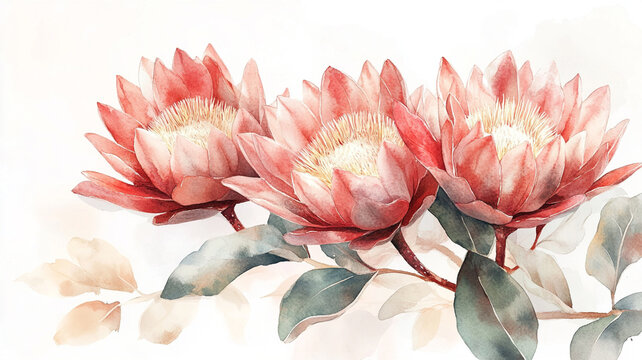 Delicate watercolor illustration of blush pink king protea with green leaves on light background Generative AI