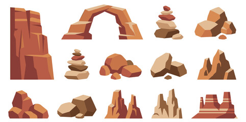 Set of red and brown rock formations and stone piles in flat style for desert or canyon landscapes © Ярослав Дацко