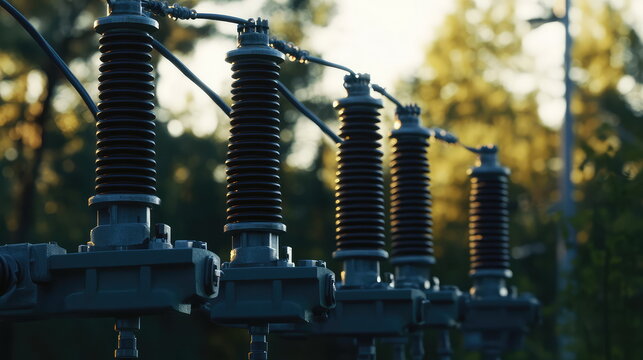 Electrical substation with ceramic insulators on power lines, part of a distribution network supplying energy to industry and homes against a blurred green background