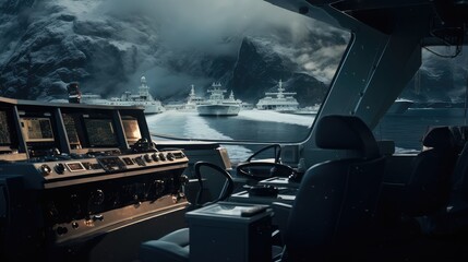 Fototapeta premium Ship's bridge console with modern navigation equipment overlooking a fleet of vessels sailing through a cold, snowy mountain landscape, emphasizing exploration and journey concepts