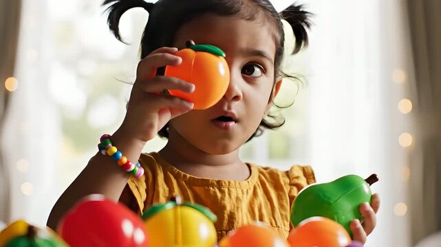 Toddler girl plays with colorful plastic toy fruits, covering her eye with a toy orange, early childhood development and playful learning concept for education or parenting ads.