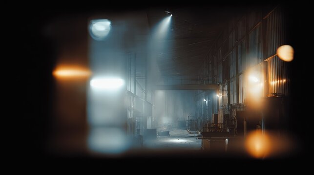 Industrial factory interior with glowing lights and smoke