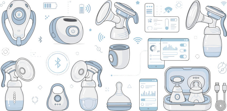 Breast Pump and Baby Feeding Equipment Set with Electric Milk Extractor Devices, Bottles, Storage Accessories, and Modern Mother Care Vector Line Icons