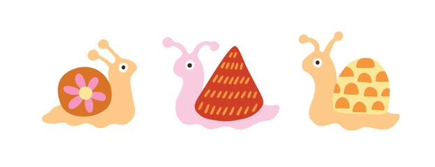 Cute simple cartoon snail set. Funny doodle childish characters. Bright colors, simple graphic. Nursery Doodle snail character. Children's illustration. Print, sticker, dopamine. © Anna