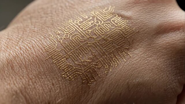 Cinematic macro shot of a flexible golden electronic smart tattoo microchip circuit seamlessly bending on moving human skin