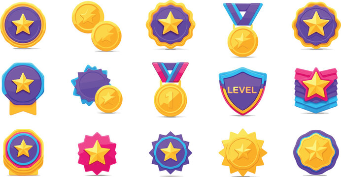 Game Achievement Icons Set with Gold Medals, Star Badges, Coins, Level Shields, and Reward Symbols for Mobile Games, Apps, and Gamification Design