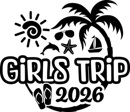 Girls Trip 2026 with Vacation Trip Elements - Palm Tree Sunglasses Dolphin
