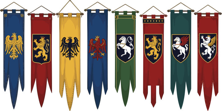Medieval Heraldic Banner Collection with Royal Kingdom Flags, Lion Crests, Eagle Symbols, and Noble Coat of Arms for Fantasy, History, and Strategy Design