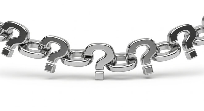 Metallic question mark chain links, chrome interrogation symbol connection, shiny silver metal chain of questions on white background