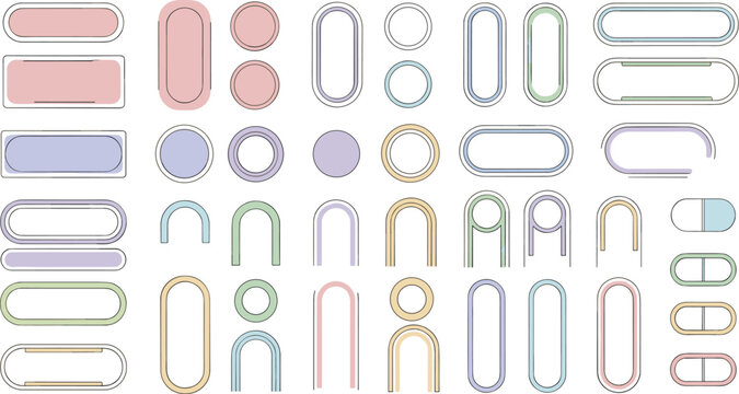 Vector Set of Minimalist Pastel Geometric Frames and Modern UI Shapes with Rounded Rectangles Circles and Arches for Creative Graphic Layout Designs