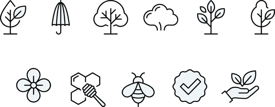 Minimalist line icons of leaves, trees, flowers, bees, and eco-friendly symbols for sustainability designMinimalist line icons of leaves, trees, flowers, bees, and eco-friendly 