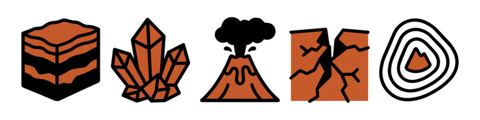 Geology and Earth Science Vector Icon Set - Minimalist Hand-Drawn Elements: Volcano, Crystals, Tectonic Crack, Soil Strata, and Earth Core © Victor