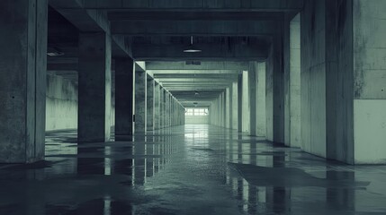 Naklejka premium Endless concrete corridor with repeating columns and a dark, moody ambiance, reflecting light from a distant window on the wet industrial floor, creating symmetry and depth perspective
