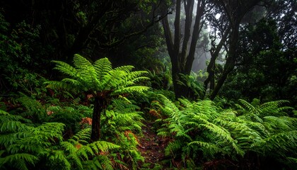 Fototapeta premium Lush, verdant forest scene with ferns and other foliage illuminated by soft light. A path winds through the vibrant undergrowth, leading into shadows