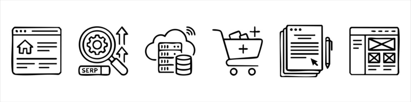 Collection of hand-drawn web development and digital marketing doodle icons, featuring SEO, cloud hosting, e-commerce, UI/UX design, and content creation.
