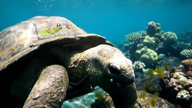 Magnificent underwater view of a giant tortoise swimming gracefully near colorful coral reefs in the ocean