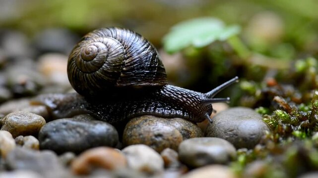 Close up view of a brown snail with a spiral shell crawling across a bed of pebbles, moss and tiny leaves