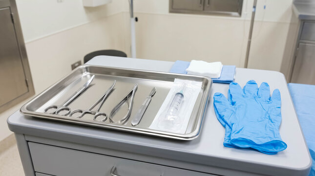 Sterile medical instruments on tray in clinical hospital setting, surgical tools and healthcare equipment