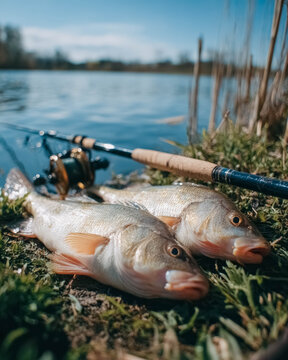 Freshly caught fish on grass near lake with fishing rod, recreational fishing and outdoor hobby concept