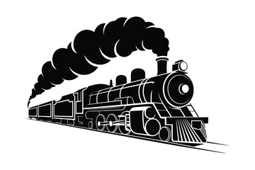 Vintage steam train emitting smoke, black and white illustration, locomotive © Sadek