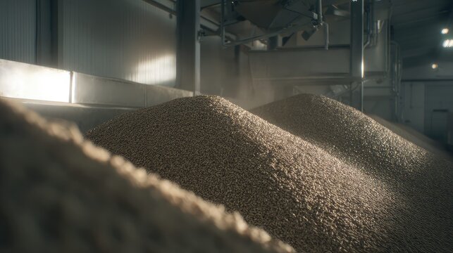 Wood pellets stockpiling in industrial biomass factory warehouse