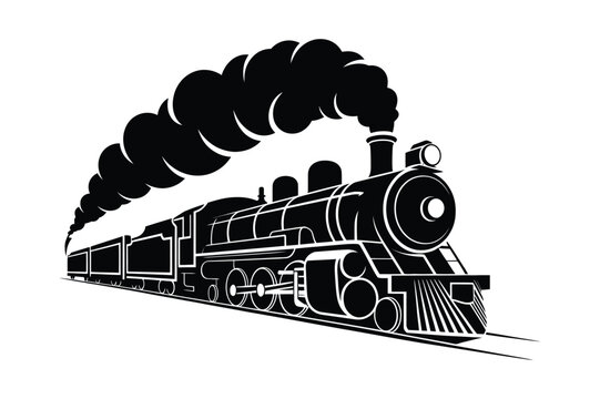 Vintage steam train emitting smoke, black and white illustration, locomotive