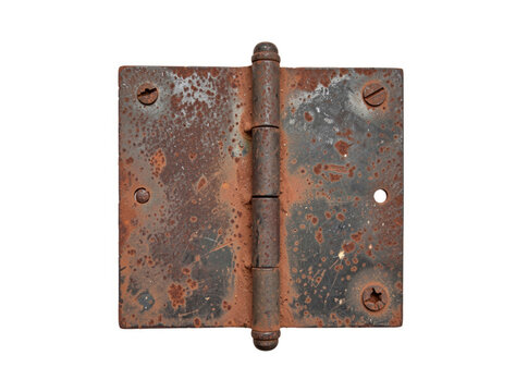 A rusty metal door hinge on a white background, suitable for use in DIY or hardware-related contexts