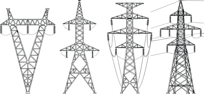 Cartoon illustrated electrical transmission towers collection featuring lattice steel pylons power lines insulators engineering infrastructure energy artwork scene