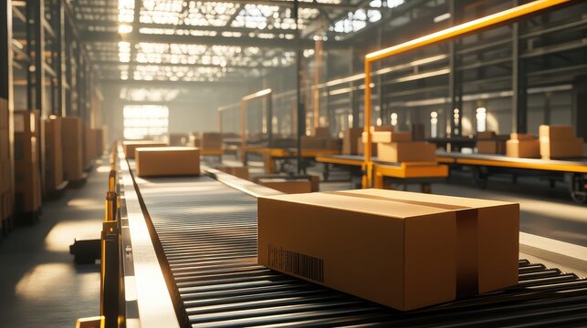 Cardboard box moving on automated warehouse conveyor belt