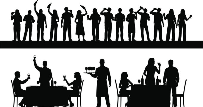 Cartoon illustrated social drinking and dining silhouettes collection featuring party gathering restaurant waiter serving drinks creative lifestyle artwork scene